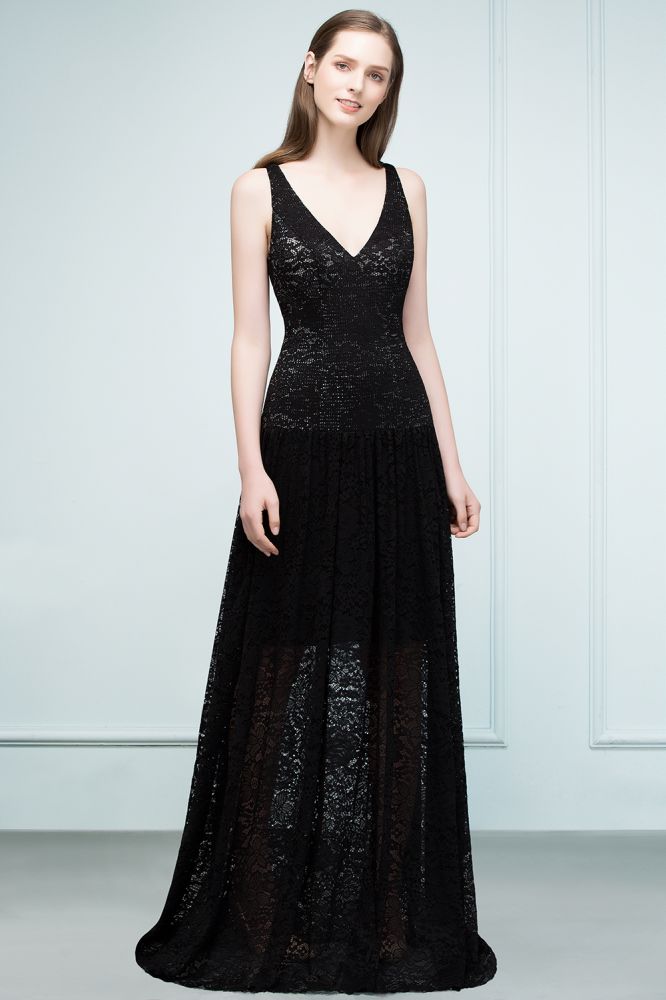 Vestidos de dama de honor de encaje con escote en V y corte A hasta el suelo de espagueti