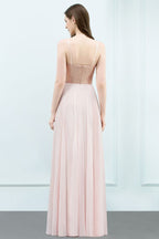Spaghetti Pailletten Top A-Linie Bodenlang Chiffon Ballkleider