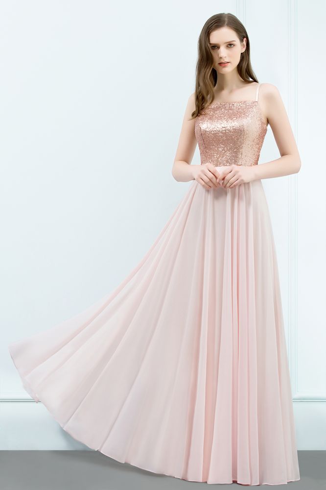Spaghetti Pailletten Top A-Linie Bodenlang Chiffon Ballkleider