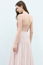 Spaghetti Pailletten Top A-Linie Bodenlang Chiffon Ballkleider