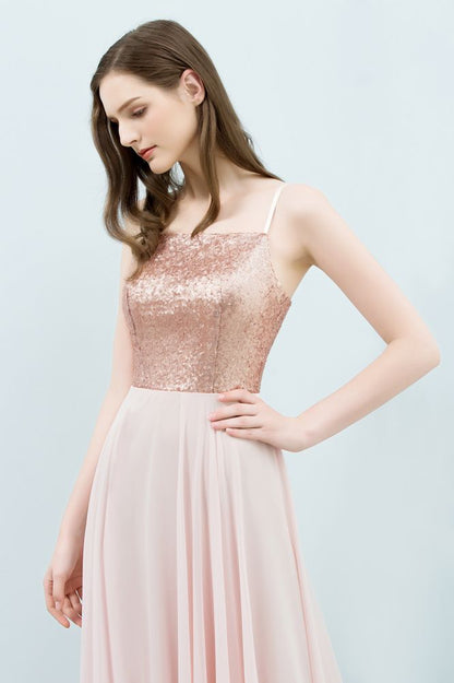 Spaghetti Sequined Top A-line Floor Length Chiffon Prom Dresses