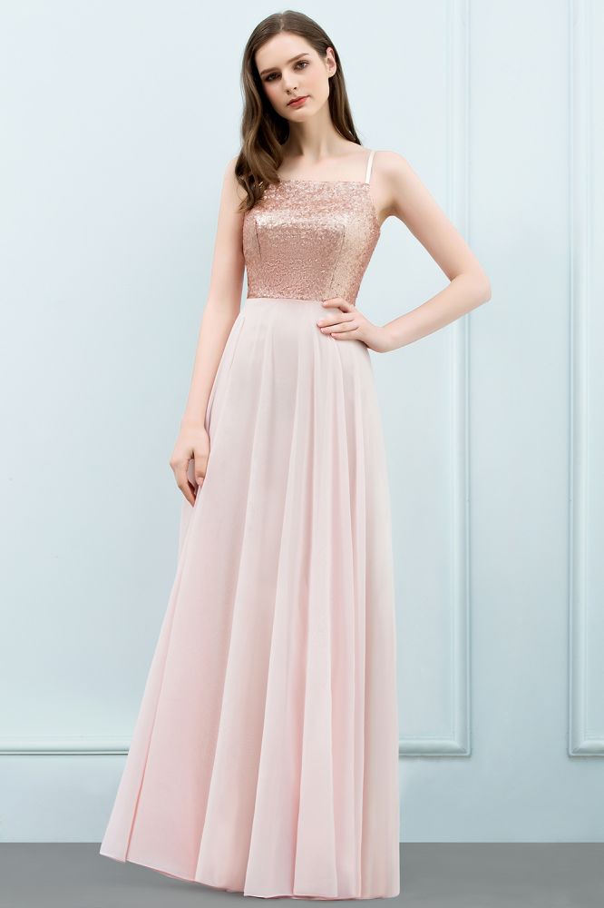 Spaghetti Pailletten Top A-Linie Bodenlang Chiffon Ballkleider