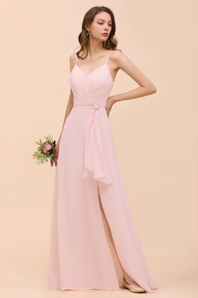 Vestido de dama de honor rosa con abertura lateral de espagueti, vestido de novia sencillo para playa