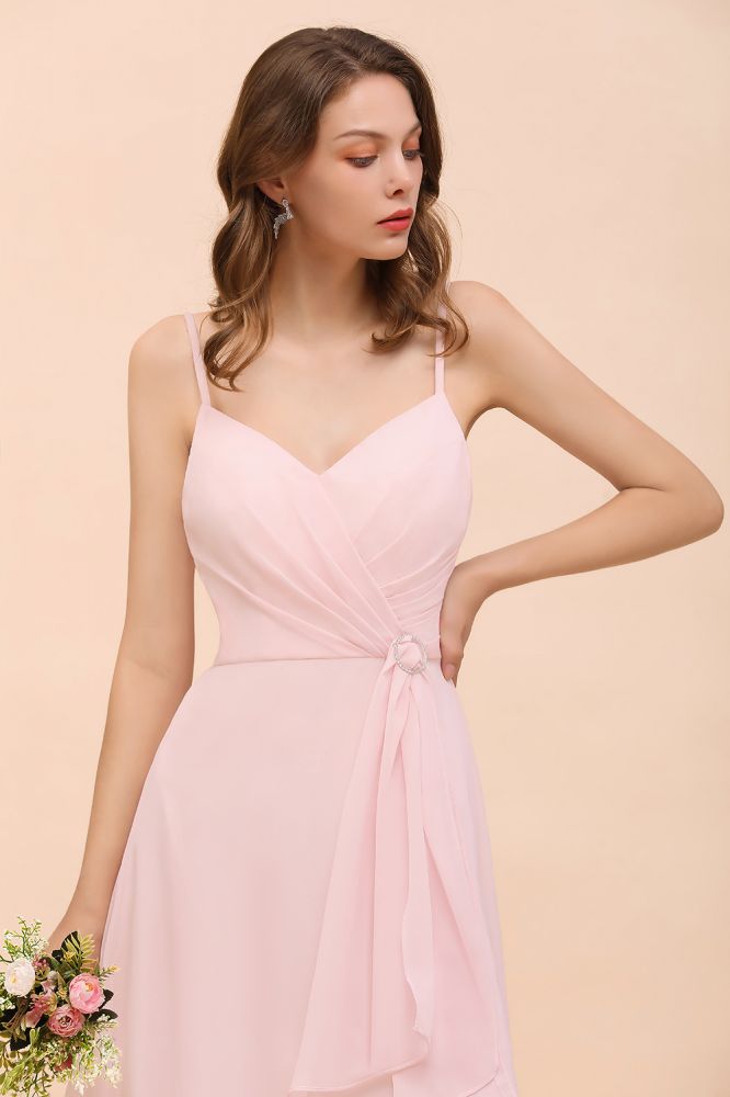 Vestido de dama de honor rosa con abertura lateral de espagueti, vestido de novia sencillo para playa