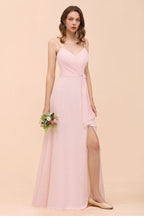 Vestido de dama de honor rosa con abertura lateral de espagueti, vestido de novia sencillo para playa