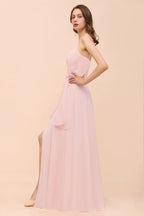 Vestido de dama de honor rosa con abertura lateral de espagueti, vestido de novia sencillo para playa