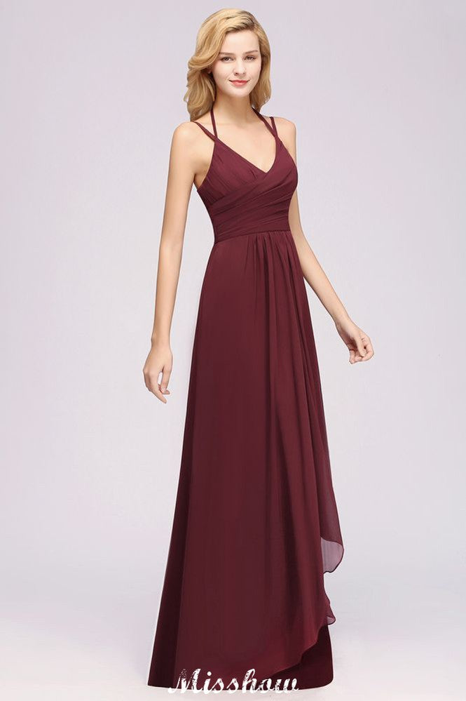 Vestido de dama de honor de gasa con tirantes finos, sin mangas, con volantes y corte A