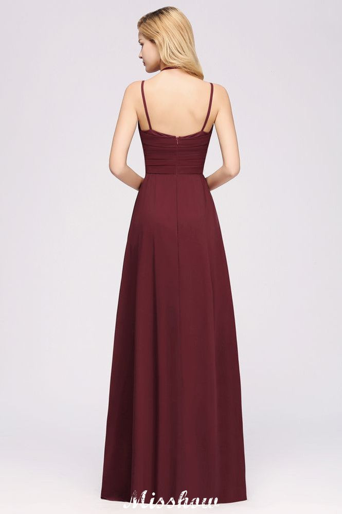 Vestido de dama de honor de gasa con tirantes finos, sin mangas, con volantes y corte A