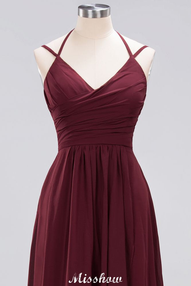 Vestido de dama de honor de gasa con tirantes finos, sin mangas, con volantes y corte A