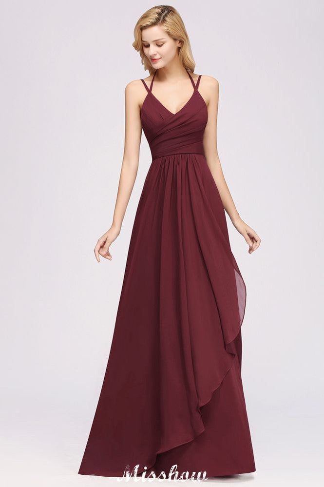 Vestido de dama de honor de gasa con tirantes finos, sin mangas, con volantes y corte A
