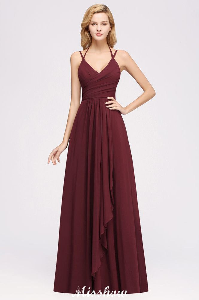 Vestido de dama de honor de gasa con tirantes finos, sin mangas, con volantes y corte A
