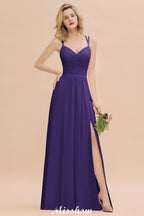Vestido de dama de honor azul cielo con escote en V y abertura lateral tipo espagueti para fiesta de boda