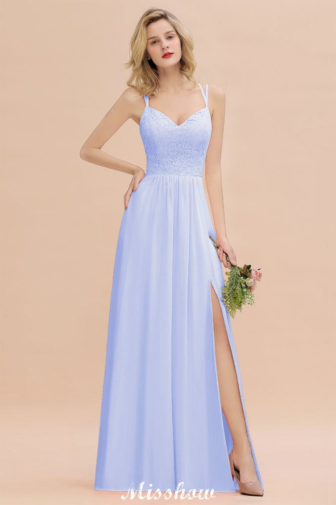 Vestido de dama de honor azul cielo con escote en V y abertura lateral tipo espagueti para fiesta de boda