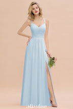 Vestido de dama de honor azul cielo con escote en V y abertura lateral tipo espagueti para fiesta de boda