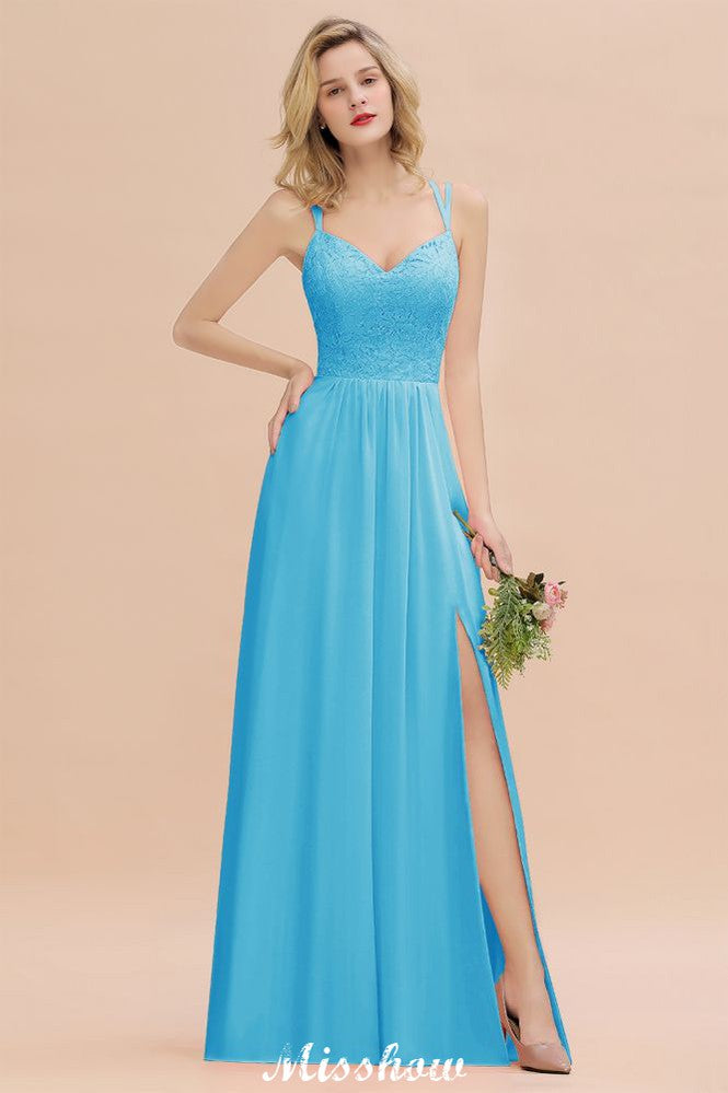 Vestido de dama de honor azul cielo con escote en V y abertura lateral tipo espagueti para fiesta de boda