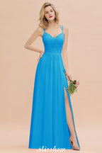 Vestido de dama de honor azul cielo con escote en V y abertura lateral tipo espagueti para fiesta de boda