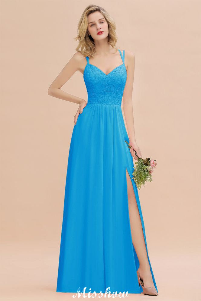 Vestido de dama de honor azul cielo con escote en V y abertura lateral tipo espagueti para fiesta de boda