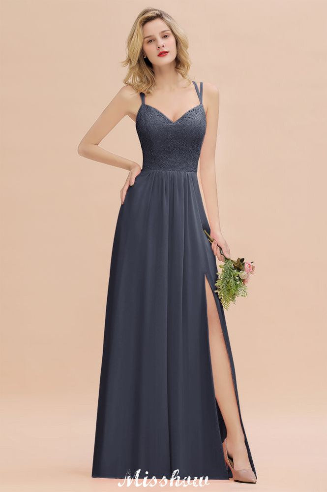 Vestido de dama de honor azul cielo con escote en V y abertura lateral tipo espagueti para fiesta de boda