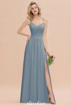 Vestido de dama de honor azul cielo con escote en V y abertura lateral tipo espagueti para fiesta de boda