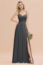 Vestido de dama de honor azul cielo con escote en V y abertura lateral tipo espagueti para fiesta de boda