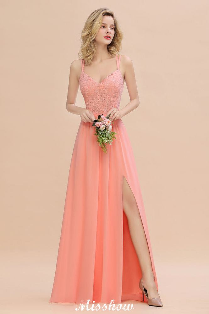 Vestido de dama de honor azul cielo con escote en V y abertura lateral tipo espagueti para fiesta de boda
