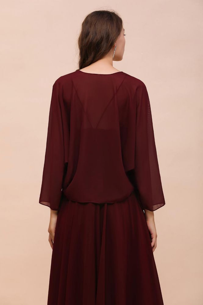 Vestido de dama de honor burdeos con tirantes finos y envolturas hasta el suelo, vestido de invitada de boda
