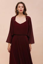 Vestido de dama de honor burdeos con tirantes finos y envolturas hasta el suelo, vestido de invitada de boda
