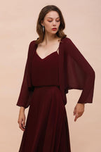 Vestido de dama de honor burdeos con tirantes finos y envolturas hasta el suelo, vestido de invitada de boda