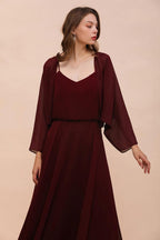 Vestido de dama de honor burdeos con tirantes finos y envolturas hasta el suelo, vestido de invitada de boda