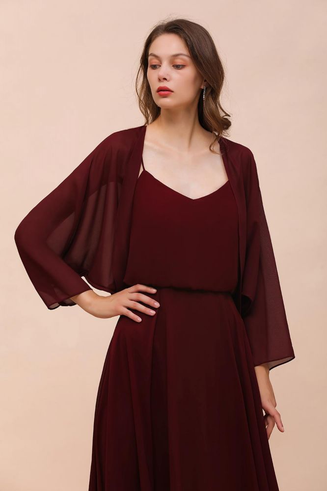 Vestido de dama de honor burdeos con tirantes finos y envolturas hasta el suelo, vestido de invitada de boda