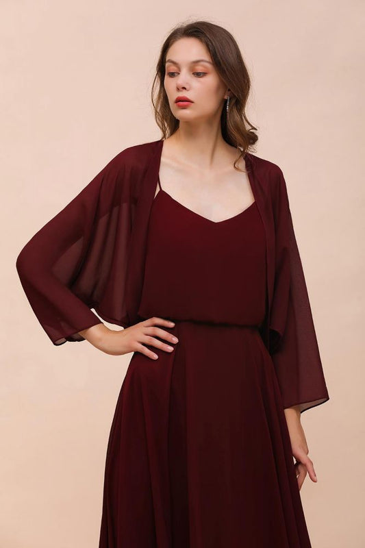Vestido de dama de honor burdeos con tirantes finos y envolturas hasta el suelo, vestido de invitada de boda