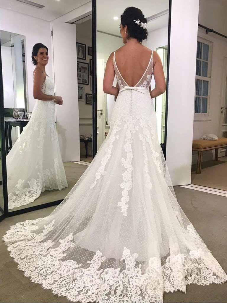 Spaghettiträger Bedrucktes Rückenfreies Strand-Brautkleid aus Spitze mit Schärpe WD428