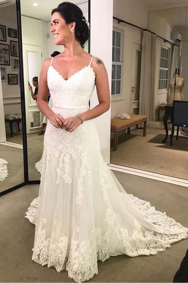 Spaghettiträger Bedrucktes Rückenfreies Strand-Brautkleid aus Spitze mit Schärpe WD428