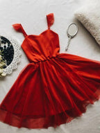 Rotes kurzes Ballkleid mit Spaghettiträgern, Mini-Heimkehrkleid, PD305