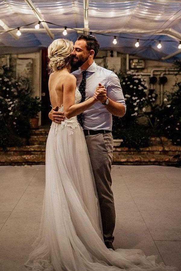 Spaghetti Strap V Neck Beach Wedding Dresses Backless Bridal Dresses  WD285