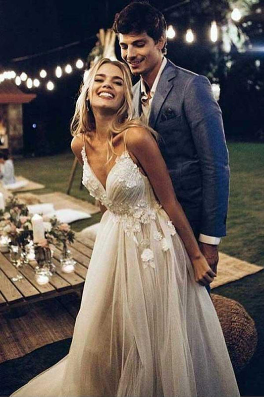Vestidos de novia playeros con escote en V y tirantes finos, sin espalda, WD285