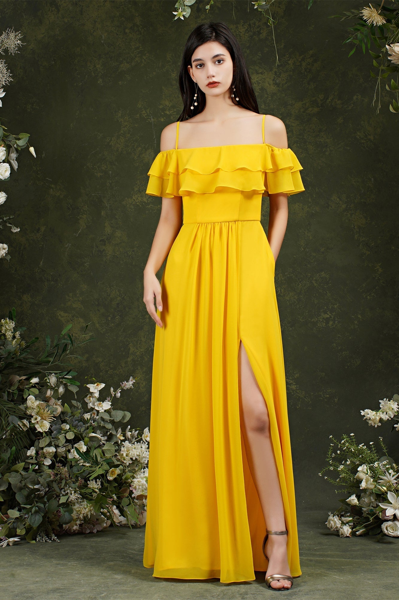 Spaghetti Strapes Off-the-shoulder Split Front Tulle Prom Dress