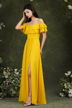 Vestido de fiesta de tul con tirantes finos, hombros descubiertos y abertura frontal