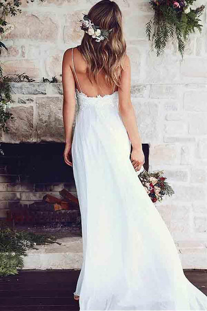 Vestidos de novia de corte A con tirantes finos y apliques de encaje WD186