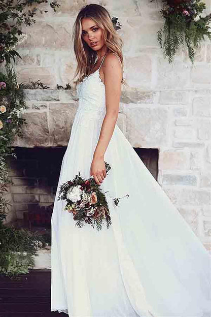 Vestidos de novia de corte A con tirantes finos y apliques de encaje WD186