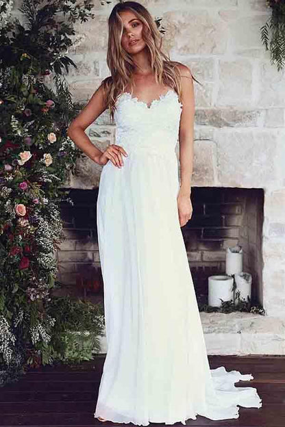Vestidos de novia de corte A con tirantes finos y apliques de encaje WD186