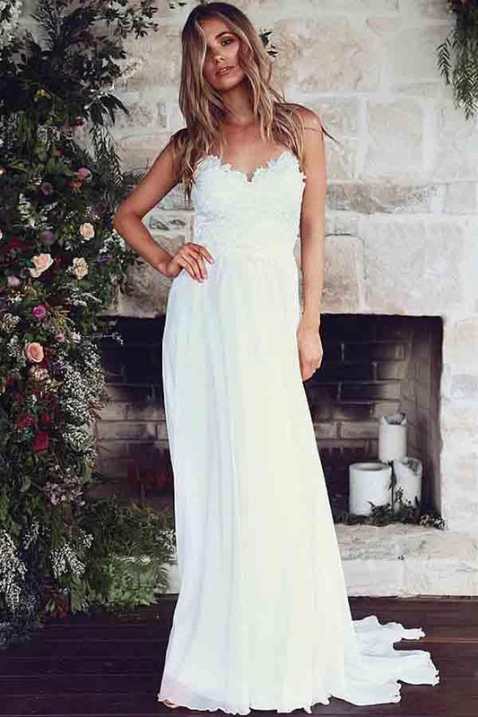 Vestidos de novia de corte A con tirantes finos y apliques de encaje WD186