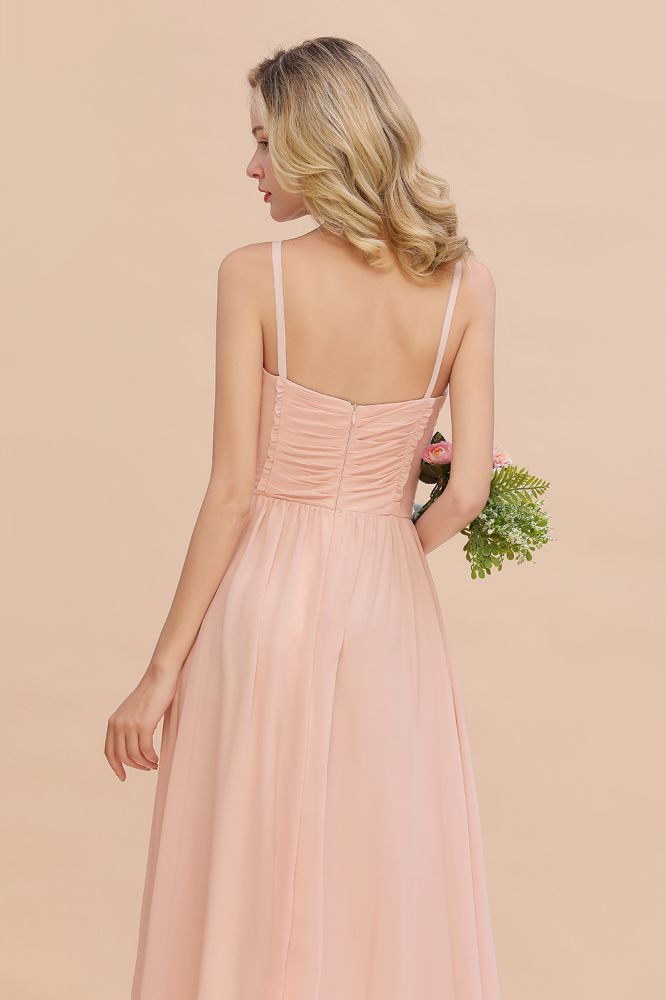 Vestido de dama de honor de corte A con tirantes finos y escote corazón de gasa con vuelo