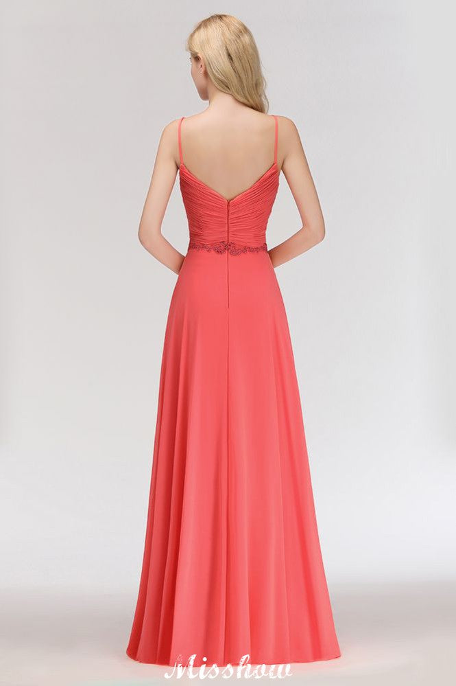 Vestido de noite longo de chiffon Aline com alças finas e sem mangas com contas para madrinha de casamento