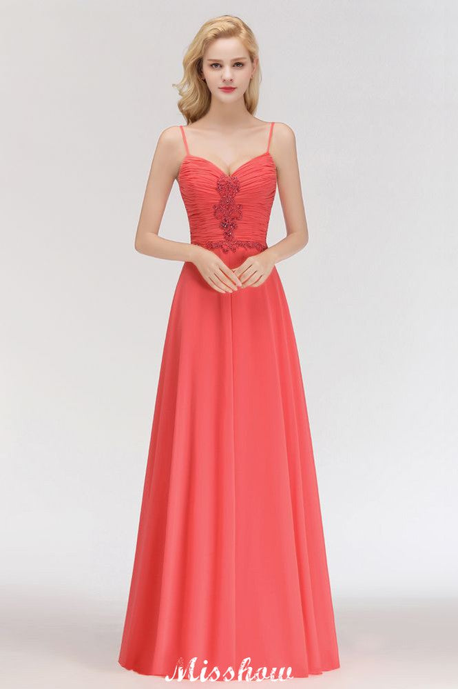 Vestido de noite longo de chiffon Aline com alças finas e sem mangas com contas para madrinha de casamento