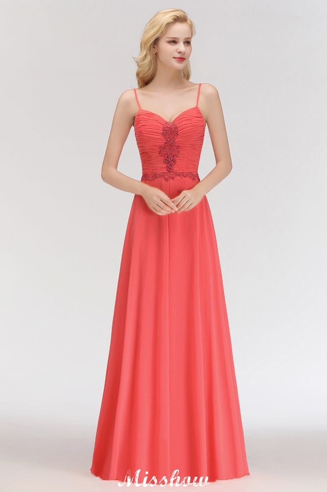 Vestido de noche largo de gasa con tirantes finos, corte A, sin mangas, con cuentas, para dama de honor
