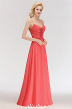 Vestido de noche largo de gasa con tirantes finos, corte A, sin mangas, con cuentas, para dama de honor