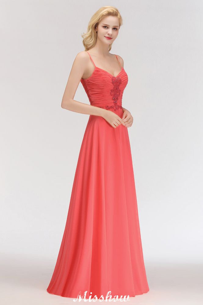 Vestido de noite longo de chiffon Aline com alças finas e sem mangas com contas para madrinha de casamento