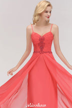 Vestido de noche largo de gasa con tirantes finos, corte A, sin mangas, con cuentas, para dama de honor