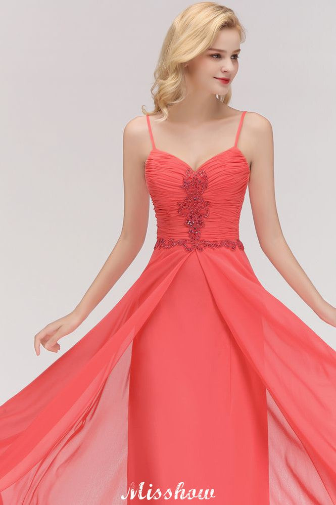 Vestido de noche largo de gasa con tirantes finos, corte A, sin mangas, con cuentas, para dama de honor